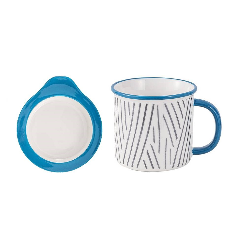 藍色條紋陶瓷杯+蓋子400ml Blue Strips Ceramic Mug With Lid 400ml