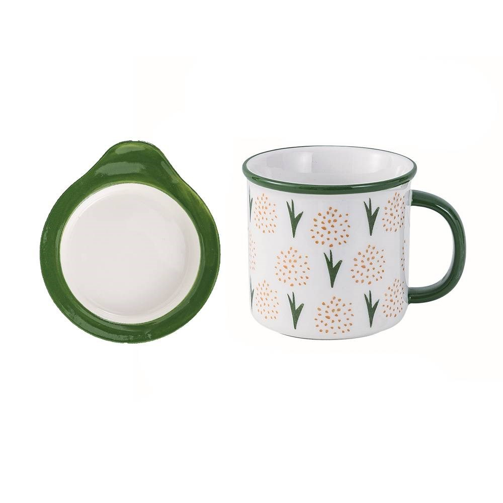 綠色小花園陶瓷杯+蓋子400ml Green Plants and Flower Ceramic Mug With Lid 400ml