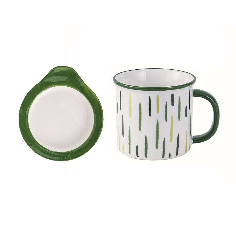 綠色豎紋陶瓷杯+蓋子400ml Green Strips Ceramic Mug With Lid 400ml