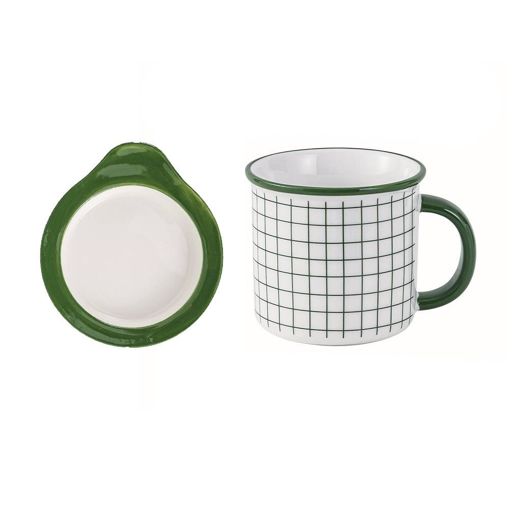 綠網格陶瓷杯+蓋子400ml Green Grids Ceramic Mug With Lid 400ml