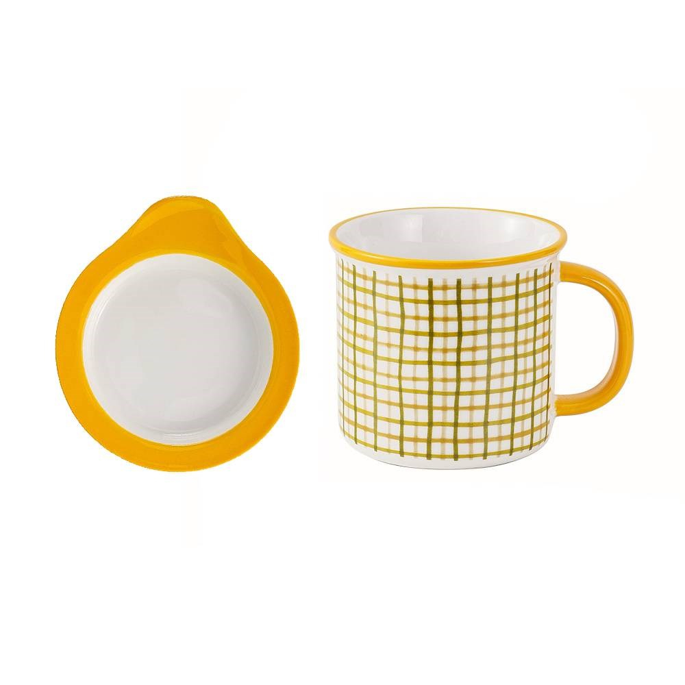 黃網格陶瓷杯+蓋子400ml Yellow Grids Ceramic Mug With Lid 400ml