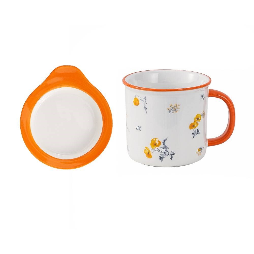 橘色虞美人陶瓷杯+蓋子400ml Orange Flower Ceramic Mug With Lid 400ml